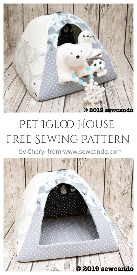 Diy Fabric Cat House, Cat Tent Sewing Pattern, Cat Igloo Diy, Sewing Projects Dog Toys, Cat House Sewing Pattern, Sewing Patterns For Pets, Cat Bed Sewing Pattern Free, Free Sewing Patterns For Pets, Diy Cat Bed Sewing Pattern