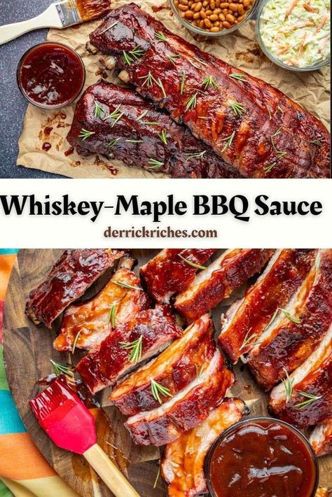 Whiskey-Maple Barbecue Sauce - This whiskey-maple barbecue sauce is amazingly delicious, and oh so perfect for barbecued ribs, chicken, salmon, and meat substitutes. #bbq #sauce #saucerecipe #whiskey #bbqrecipes via @derrickriches Maple Bbq Sauce Recipe, Barbecue Sauce For Ribs, Barbecued Ribs, Best Sauce Recipe, Bbq Recipes Ribs, Rib Sauce, Pressure Canning Recipes, Summer Bbq Recipes, Bbq Sauce Chicken