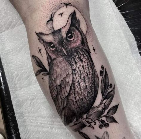 Owl Moon Tattoo Design, Owl And Pumpkin Tattoo, Owl Moon Tattoo For Women, Halloween Owl Tattoo, Tree With Owl Tattoo, Great Horned Owl Tattoo For Women, Owl And Books Tattoo, Brown Owl Tattoo, Owl Tattoo With Moon