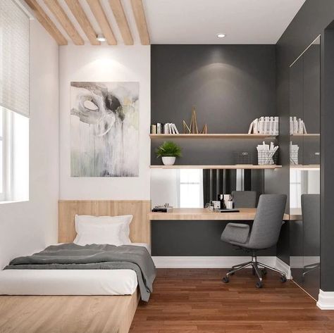 Simple And Modern Single Room Design Ideas That Will Blow Your Mind Apartemen Studio, Modern Minimalist Bedroom, Teen Bedroom Designs, Boy Bedroom Design, Minimalist Bedroom Design, Small Bedroom Designs, Small Bedroom Decor, Small Room Design, Minimalist Room