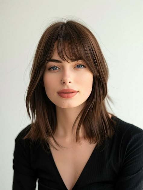 Heart Shaped Face Hairstyles Bangs, Long Bob Bangs Round Face, Bangs Heart Face, Classic Bob With Bangs, Bob Cut With Bangs Round Face, Long Bob With Bangs Round Face, Bangs For Heart Shaped Face, Short Hair Long Face, Classic Long Bob