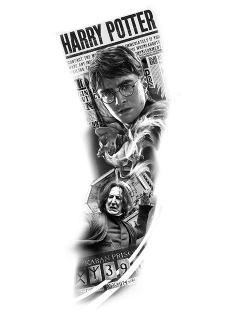 Harry Potter Newspaper Tattoo, Harry Potter Realism Tattoo, Harry Potter Back Tattoo, Harry Potter Tattoos Sleeve, Harry Potter Tattoo Designs, Voldemort Tattoo, Tatuajes Harry Potter, Cool Space Tattoos, Harry Potter Newspaper