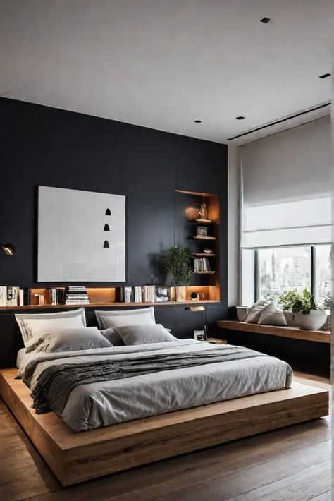 Cozy and functional minimalist bedroom with builtin bookcase Modern Minimalist Bedroom Design Ideas, Minimalistic Interior Bedroom, Airbnb Decor Room Ideas Bedroom, Simple Bedroom Aesthetic, Cramped Bedroom, Airbnb Decor Room Ideas, Small Modern Bedroom, Male Bedroom Ideas, Decor Room Ideas