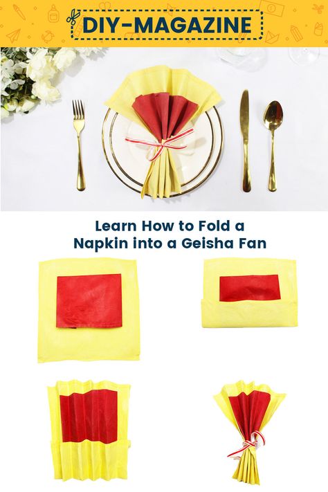 How to fold a napkin into a Japanese Geisha Fan Tessen Fan, Napkin Ring Folding, Origami Fan, Yellow Napkins, Red Napkins, Japanese Origami, Table Napkin, Paper Fan, Accordion Fold