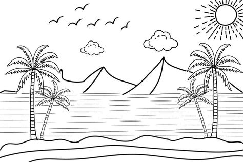 Black And White Sunset Drawing, Ocean Sunset Tattoo Black And White, Simple Beach Scene Drawing, Black And White Beach Drawing, Beach Clipart Black And White, Beautiful Scenery Drawing, Pencil Drawing Inspiration, Ocean Drawing, Beach Coloring Pages