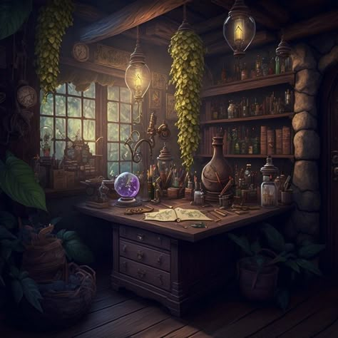 Potions Lab Aesthetic, Wizard Laboratory Concept Art, Alchemy Laboratory Fantasy Art, Alchemy Shop Fantasy Art, Fantasy Alchemy Lab, Fantasy Shop Aesthetic, Witch Office Decor, Fantasy Apothecary Shop, Apothecary Concept Art