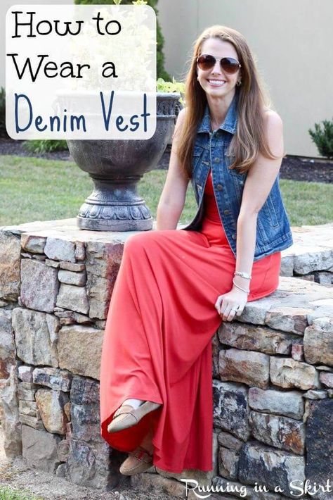 How to Wear a Denim Vest - great look from summer through fall. Everyday fashion ideas and outfits for women. | Running in a Skirt Jean Vest Outfits Summer, Denim Vest Outfits, Petite Tips, Jean Vest Outfits, Denim Vest Outfit, Fall Running, Outfit Vest, Vest Outfits For Women, Sleeveless Jean Jackets