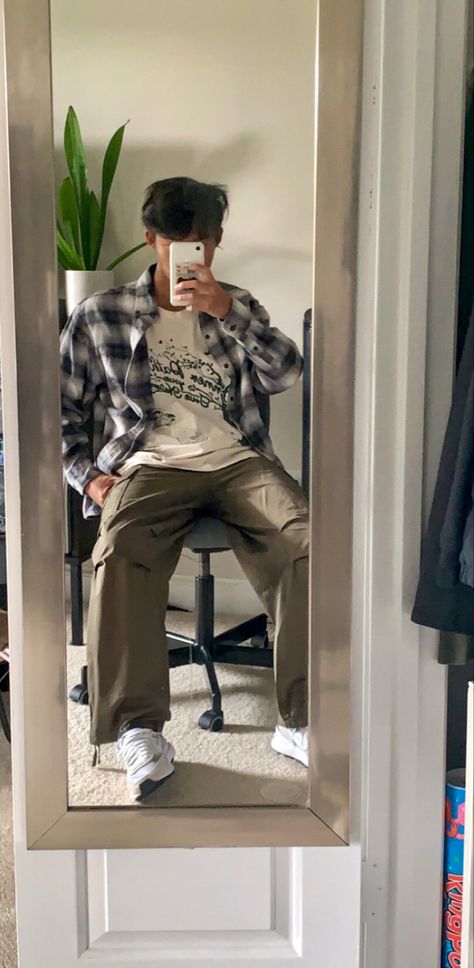 Fit inspiration for an outdoors aesthetic Baggy Pants Mens Street Styles, Cargo Pants And Flannel Outfit Men, Flannel With Cargo Pants, Flannel And Cargo Pants Outfits, Nike Waffle One Outfit Men, Nike Waffle Outfit, Waffle Pants Outfit, Nike Waffle One Outfit, Cargo Pants Men Outfit