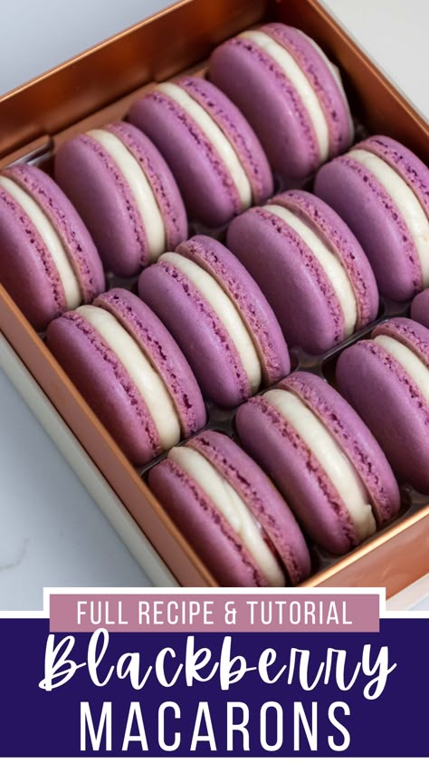 Blackberry Recipe, Black Forest Macarons, Blackberry Macarons, Raspberry Jam Filling For Macarons, Macarons Recipe, Lavender Macarons Recipe, Unique Macaron Flavors, Blue Raspberry Macarons, Blueberry Lavender Macarons