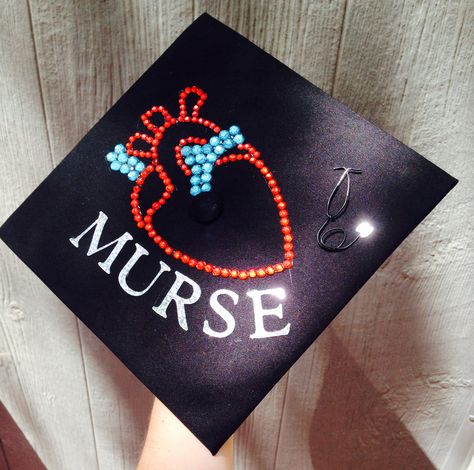 Anatomically correct (kinda) heart Graduation cap nursing I made! BSN RN. Hope this inspired you to make your own! Cardiac Graduation Cap, Cardiac Nurse Graduation Cap, Nursing School Graduation Party, Nurse Graduation Cap, Nursing Fun, Pinning Ceremony, Nursing School Graduation, College Graduation Cap Decoration, Graduation Hat