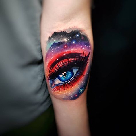 Colorful Eye Tattoo, Watercolor Eye Tattoo, Space Eye Tattoo, Tattoo Eyes Realistic, Color Eye Tattoo, Eye Tattoo Color, Tatoos Color, One Eye Tattoo, Color Tatoos