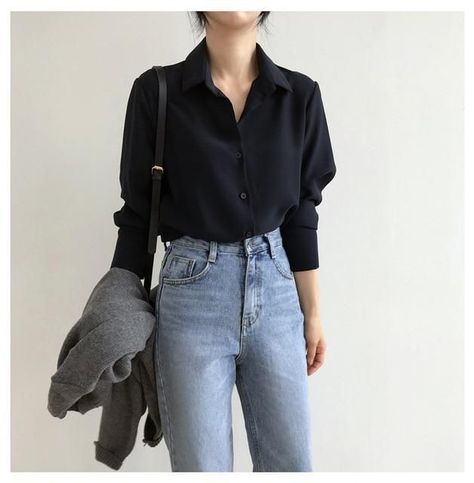 21fe5b8ba755eeaece7a450849876228desc46707160ri Black Chiffon Blouse, Straight Clothes, Casual Shirt Women, Loose Long Sleeve, Y2k Aesthetic Outfits, Style Tops, Women Shirt, 가을 패션, Chiffon Blouse