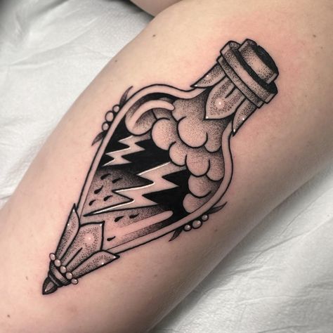 PATRICK WHITING | Lightning in a bottle ⚡️ | Instagram Pump Jack Tattoo, Lighting In A Bottle Tattoo, Storm In A Bottle Tattoo, Lightning In A Bottle Tattoo, Weather Tattoo, In A Bottle Tattoo, Ocean Sleeve Tattoos, Symbols Tattoos, Ocean Sleeve