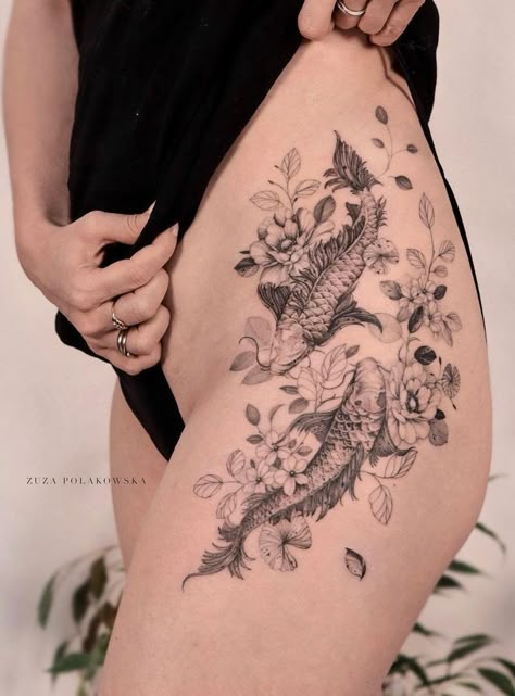 Cool Hip Tattoo Ideas For Women Hip Tattoos For Girls, Hip Tattoos For Women, Water Lily Tattoos, Upper Thigh Tattoos, Hip Tattoo Designs, Healed Tattoo, Cute Thigh Tattoos, Koi Tattoo Design, Thigh Tattoo Designs