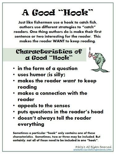 Free Download ~ Characteristics of a Good Hook | This Reading Mama (with great directions for teaching writing hooks from children's authors) Good Hook Sentences, Hook Sentences Examples, Hooks For Writing, March Newsletter, Writing Hooks, 3rd Grade Writing, Writing Curriculum, 4th Grade Writing, Persuasive Essays