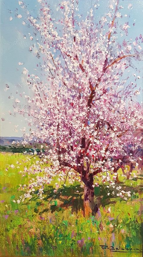 Blossom Tree Painting, Blooming Tree Painting, Mid Century Landscaping, Pink Blossom Tree, Blooming Trees, Contemporary Landscape Painting, Impressionist Landscape, Samar, Spanish Artists