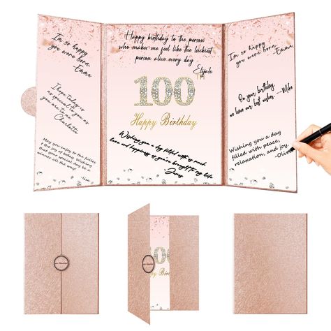 PRICES MAY VARY. 【Exquisite Design】- The rose gold certificate has a gilded badge on the cover, and the inside of the signature certificate is divided into three parts, the middle page is printed with the message '100th Happy Birthday'. This rose gold 100th birthday signature board can be opened directly and stand on the table. Tips: No pen. 【Large Size】- The folded size of the 100th birthday signing book is approximately 8.9 x 12 inches; The outspread dimension is approximately 18 x 12 inches, Birthday Signature Board, 85th Birthday Decorations, 100 Birthday Decorations, Guest Sign In Book, 90th Birthday Party Decorations, Signature Board, 90th Birthday Decorations, Birthday Guest Book, Retirement Decorations