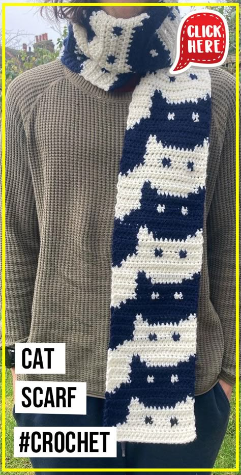 Crochet Animal Scarf Free Pattern, Cat Crochet Stitch Pattern, Funny Crochet Scarf Patterns, Cat Scarf Pattern Crochet, Crochet Cat Scarf Pattern, Fun Crochet Scarf Pattern Free, Cute Crochet Scarf Pattern Free, Crochet Scarf Inspiration, Crochet Cat Bandana Free Pattern