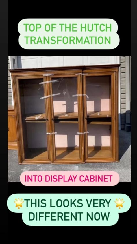 Wooden Display Cabinet Makeover, Top Of China Cabinet Repurposed, China Cabinet Top Decor, Refurbished Glass Cabinet, Repurposed China Cabinet Top, Repurposed Hutch Top Ideas, Adding Legs To Hutch Top, Gothic Wardrobe Furniture, Top Of Hutch Repurposed