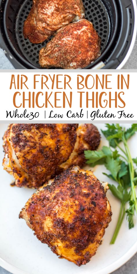 These Whole30 air fryer bone in chicken thighs are so simple and flavorful. The skin gets crispy while the inside stays juicy and tender. They're the perfect option for a quick weeknight dinner and are done in under 30 minutes. Not only are these bone in chicken thighs Whole30, but they're also paleo, gluten free and low carb. #airfryerchicken #whole30airfryer #paleorecipes #glutenfreeairfryer #chickenthighs Air Fryer Chicken Parts, Easy Bone In Chicken Thigh Recipes Air Fryer, Skin On Chicken Thigh Recipes Air Fryer, Bone In Chicken Air Fryer Recipes, Airfryer Bone In Chicken Thighs, Bone In Chicken Thigh Air Fryer Recipes, Bone In Chicken Thighs Air Fryer, Skin On Bone In Chicken Thigh Recipes Air Fryer, Whole 30 Chicken Thigh Recipes