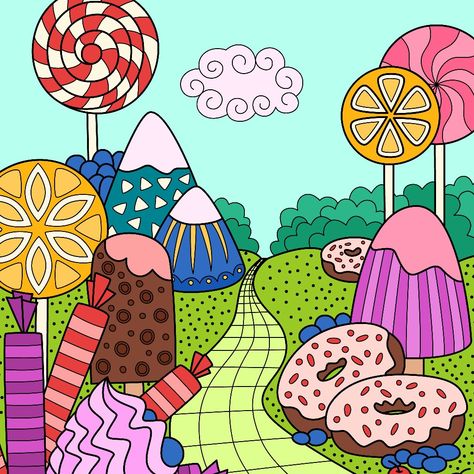 Welcome to Candy Land Candy Land Painting, Candy Land Drawing, Candyland Art, Drawing Themes, Candy Drawing, Fairy Flowers, Number Art, Geometrical Shapes, Elementary Art Projects