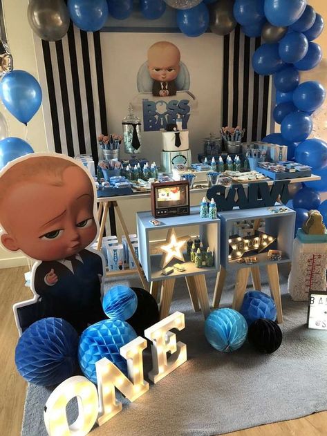 Check out this cool Baby Boss Birthday Party! See more party ideas and  share yours at CatchMyParty.com #catchmyparty #partyideas #bossbaby  #boy1stbirthdayparty #desserttable Bos Baby, Baby Boy Birthday Themes, Baby Party Themes, Baby Birthday Party Theme, Mickey Mouse Cupcakes, Candy Tables, Boys First Birthday Party Ideas, Boys 1st Birthday Party Ideas