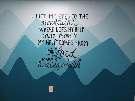 Mountain mural, mural art, painted calligraphy Sunday School Murals Children Church, Sunday School Wall Murals, Decorate Sunday School Room Ideas, Childrens Ministry Room Design, Children’s Ministry Church Decor, Nursery Church Ideas, Christian Wall Mural, Children’s Church Room Ideas, Sunday School Mural