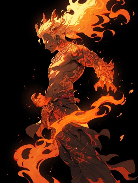 Flaming Character Design, Fire Deity Concept Art, Efreeti Art, Fire Armor Concept Art, Pyromancer Character Design, Fire Character Design Male, Fire Elemental Male, Fire Genasi Male, Phoenix Person