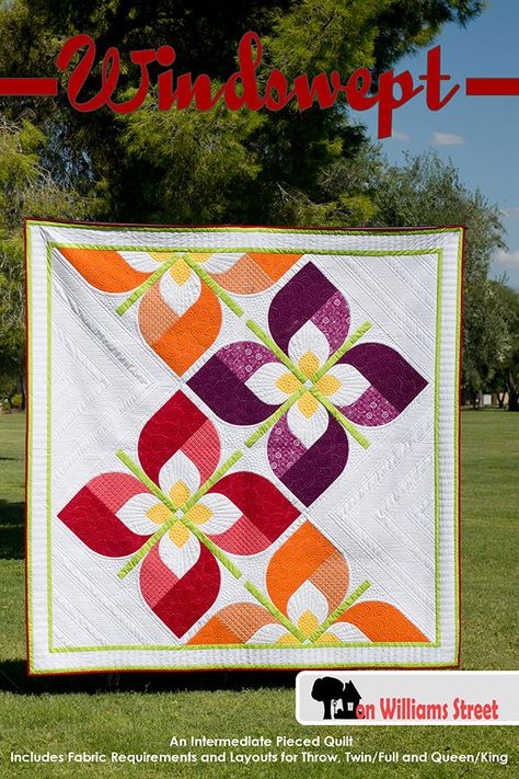 Windswept is a modern quilt pattern using various sizes of drunkards path blocks to create large flowers flowing across the quilt.• Pattern shown is for a twin/full quilt, about 84 x 84" in size• Layouts for a throw quilt and a queen/king size bed quilt are included• Intermediate quilt pattern• Drunkards path block construction• PDF pattern for immediate download Quilt Circles, Flower Quilt Patterns, Drunkards Path Quilt, Drunkards Path, Modern Quilting Designs, Quilted Wall Hanging, Quilt Modernen, Flower Quilts, Modern Quilting