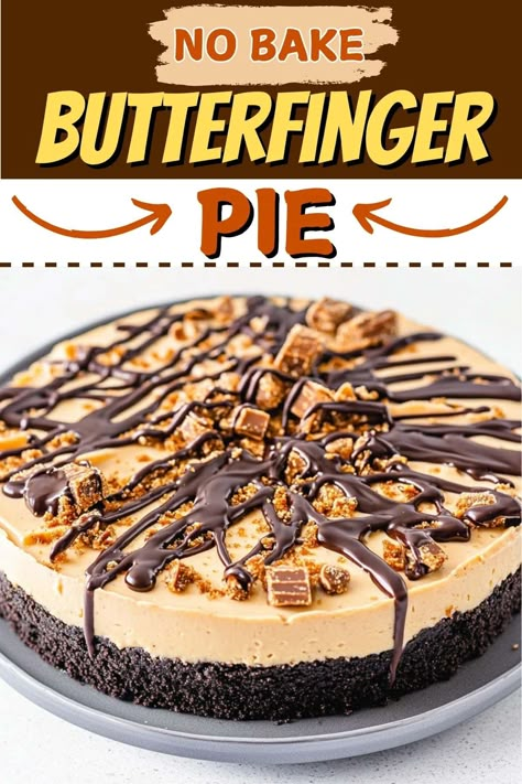 This no-bake Butterfinger pie is my new go-to dessert! With a silky, Butterfinger candy filling and an Oreo crust, it's to die for. Easy Grab Desserts, Butterfinger No Bake Pie, Butterfinger Cheesecake No Bake, No Bake Butterfinger Pie, Butterfinger Pie No Bake, Butterfinger Bundt Cake, Fun Christmas Dessert Ideas, Best No Bake Desserts, Thanksgiving No Bake Desserts