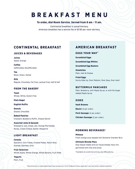 In light of the announcement that Royal Caribbean will begin charging a convenience fee to guests who order room service, the cruise line has published a... Room Service Menu Design, Buffet Menu Design, Ontbyt Idees, Continental Breakfast Menu, Breakfast Layout, Breakfast Menu Template, Peacock Farm, Continental Menu, Room Service Breakfast