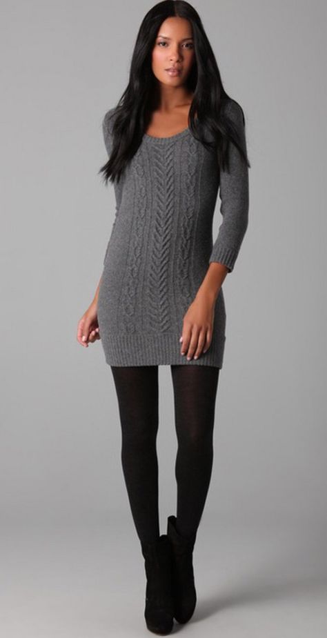 Cute winter outfit... Form fitting sweater dress, tights, and boots, either ankle or knee height. Sweater Dress With Leggings, Dresses Office Wear, Sweater Dress Leggings, Dress In Winter, Dress With Leggings, Dresses Office, Leggings Outfit Fall, Below The Knee Dresses, Grunge Dress