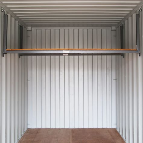 Loft Shelving - 1000L | Outback Storage Containers Container Storage Organization, Conex Storage Ideas, Container Shelving, Container Sheds, Shipping Container Workshop, Loft Shelf, Shipping Container Sheds, Shipping Container Storage, Moving Containers