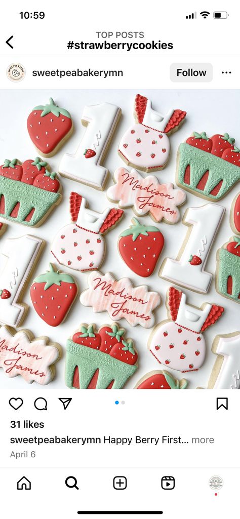 Berry Sweet Cookies Decorated, Strawberry Birthday Cookies Decorated, Strawberry Iced Cookies, Berry Sweet Baby Shower Cookies, Strawberry Birthday Cookies, Strawberry Cookies Decorated, Berry First Birthday Cookies, Baby Boy Cookies, First Birthday Cookies