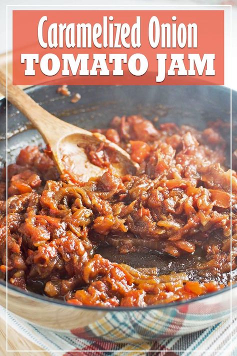 This caramelized onion and tomato jam recipe is the perfect accompaniment for a cheese plate, potatoes, or sandwiches. The balsamic vinegar gives the jam a subtle tanginess that complements the sweet onion and tomato flavors.#tomato #onion #caramelizedonion #jam #tomatojam #appetizer Balsamic Tomato Jam, Roasted Tomato Jam Recipe, Tomato Onion Jam Recipe, Smoked Tomato Jam, Tomato Jam For Burgers, Tomato Onion Chutney, Tomato Onion Jam, Tomato Onion Recipe, Onion Jam Recipe