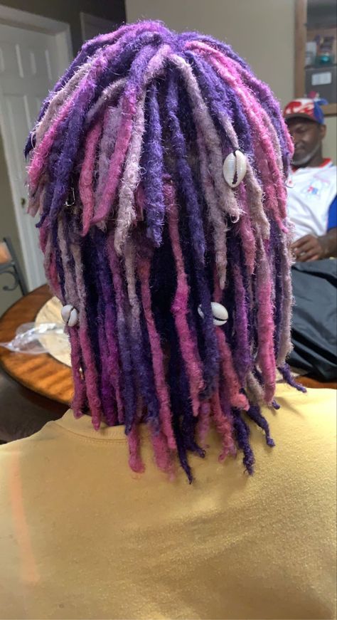 Purple And Blonde Curly Hair, Locs Different Colors, Colorful Dreads Black Women, Loc Color Combo Ideas, Purple And Green Locs, Pink And Green Locs, Multicolored Locs, Light Purple Locs, Pastel Locs