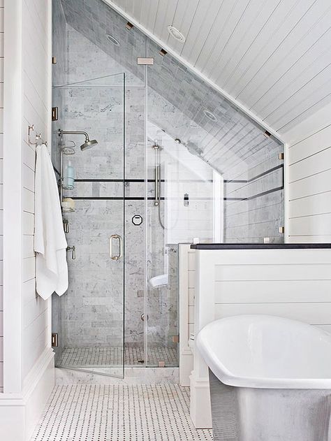 . Attic Bathrooms, Sloped Ceiling Bathroom, Attic Bathroom Ideas, Small Attic Bathroom, Loft Bathroom, Bathroom Shower Design, Small Attic, Attic Bathroom, Attic Renovation