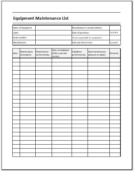 Equipment Checklist Form, Maintenance Schedule Templates, Log Book Template, Attendance Sheet, Microsoft Excel Tutorial, Office Templates, Meeting Agenda Template, Business Printables, Maintenance Checklist