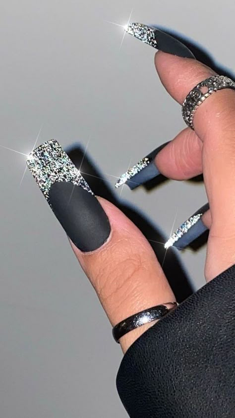 Matte Black Nails Glitter Tips, Glitter On Matte Nails, Nail Idea New Years, Silver Chrome Nails With Rhinestones, Pretty Matte Nails, All Sparkle Nails, Nails Acrylic New Years Sparkle, All Glitter Nails Sparkle, Black Crome Nails Design