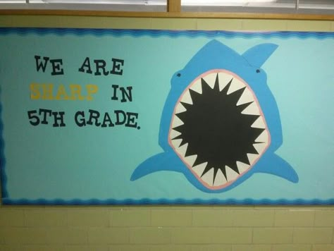 Beach/Ocean Theme Classroom. Bulletin Board. When I get the official roster, I'll put the names of my students on the teeth. - L.E. Shark Door Decorations Classroom, Shark Bulletin Board Ideas, Beach Theme Classroom Decorations, Shark Classroom Door, Mermaid Bulletin Board, Shark Bulletin Board, Shark Classroom Theme, Ocean Animal Bulletin Board Ideas, Ocean Themed Library Display