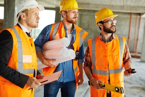 Builders by Pressmaster. Three professionals in uniform and hardhats standing on construction site#professionals, #uniform, #Builders, #Pressmaster Civil Engineering Courses, Design For Powerpoint, Hotel Renovation, Construction Manager, Construction Project Management, Branding Images, Structural Engineer, Construction Branding, Abstract Design Drawing