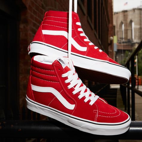 $42.20 + shipping (40% OFF) Red Vans Outfit, Red Vans Shoes, Emo Shoes, Vans Hightop, Vans Aesthetic, Vans Shoes Women, Sk8 Hi Vans, Van Color, Vans Outfit