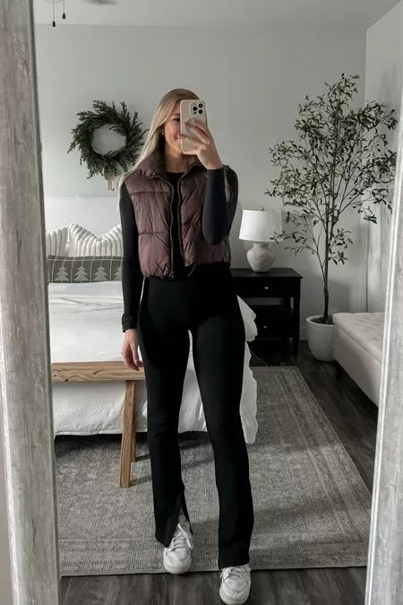 Casual athleisure ootd! Fabletics ribbed set + brown vest from Amazon. White Cropped Sweatshirt, Ribbed Set, Dress Code Casual, Crop Vest, Inspiration For Women, Lululemon Outfits, Loungewear Outfits, Brown Vest, Casual Outfit Inspiration