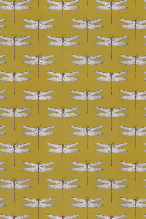 An elegant fabric design with a delicate motif of a dragonfly which directly co-ordinates with the wallpaper design. Shown here in the Chartreuse yellow and grape colourway. Other colourways are available. Please request a sample for a true colour match. Grape Wallpaper, Dragonfly Wallpaper, Country Cottage Kitchen, Riverside House, Downstairs Loo, Luxury Cottage, Elegant Fabric, Window Dressings, Wallpaper Direct