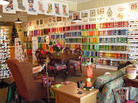 Wall of needlepoint threads. Needlepoint Organization, 2024 Nashville Needlework Market, Mercer Island Cross Stitch Store, Lycette Needlepoint, Needlepoint Stitches For Buildings, Tapestry Crafts, Portrait Embroidery, Harbor Springs, Needlework Shops