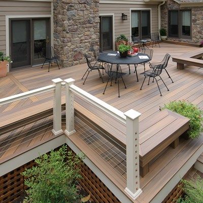 This Ground level deck has a symmetrical look with on one side a railing and and both sides benches wrap around the perimter. Skirting Ideas, House Skirting, Deck Landscaping, Deck Skirting, Backyard Patio Deck, Raised Deck, Patio Deck Designs, Wooden Deck, Cozy Backyard