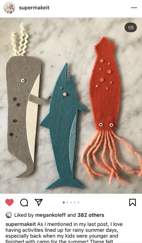 Felt Crafts Kids Easy, Felt Sea Creatures, Free Crochet Bookmark, Rainy Summer, Bookmark Crochet, Bookmark Pattern, Crochet Bookmark Pattern, Crochet Bookmark, Felt Bookmark