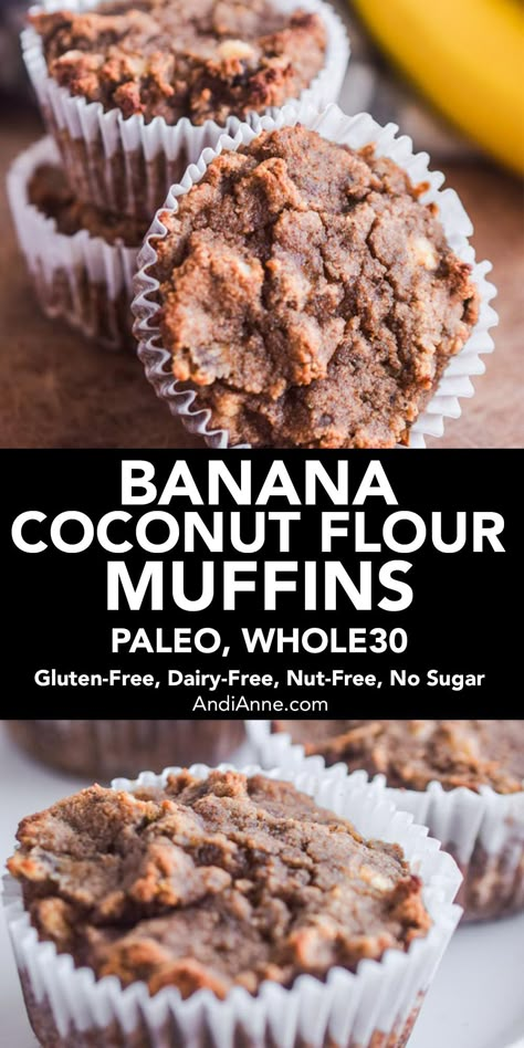 Paleo Banana Muffins Coconut Flour, Coconut Flour Breakfast Muffins, Healthy Coconut Flour Muffins, Banana Muffins Whole 30, Whole30 Banana Muffins, Coconut Flour Banana Bread Muffins, Whole 30 Breakfast Muffins, While 30 Muffins, Banana Coconut Flour Cookies