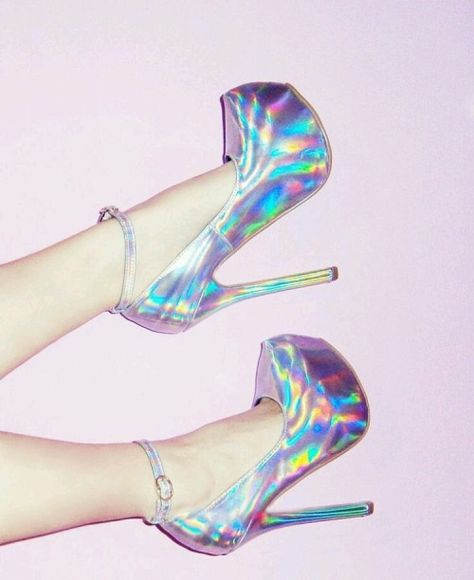 Pink Prom Shoes, Pastel Goth Shoes, Holographic Shoes, Silver Shoes Heels, Holographic Heels, Holographic Fashion, Pastel Shoes, Cute High Heels, Goth Shoes