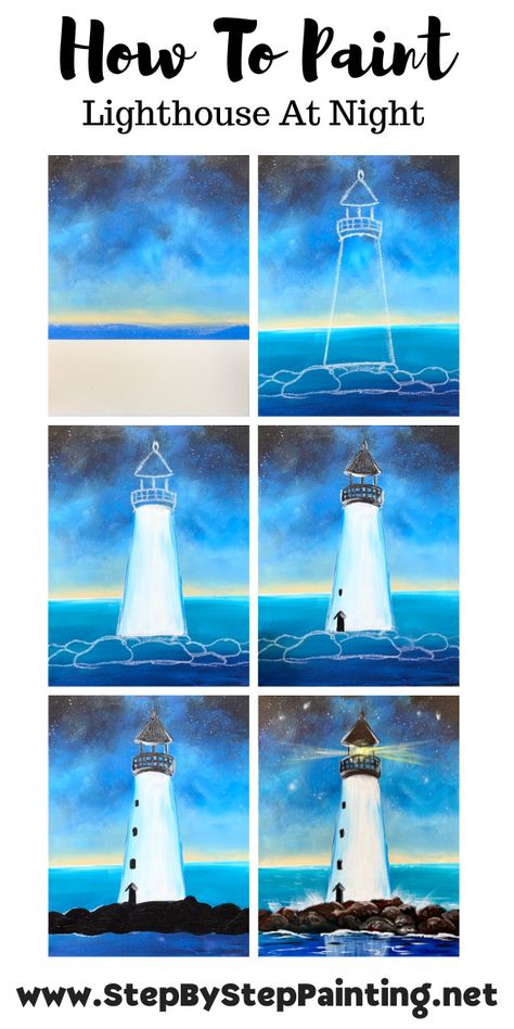 Step By Step Lighthouse Painting, How To Paint A Lighthouse Step By Step, Easy Lighthouse Painting For Beginners, Lighthouse Painting Tutorial, Lighthouse Painting Easy Step By Step, Diy Lighthouse Painting, Lighthouse Painting Acrylic Easy, Simple Lighthouse Painting, Easy Light House Painting